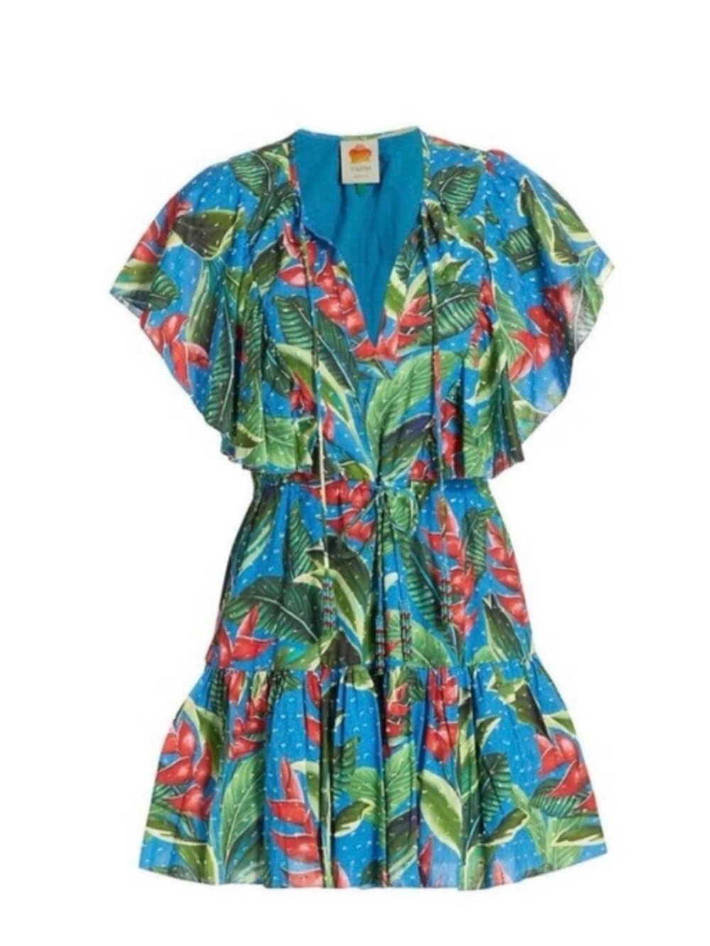 FARM Rio Blue Tropical Floral Mini Dress with beaded tassels size M